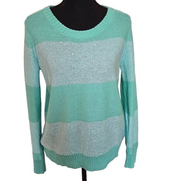 Qi Womens Striped Sequin Embellished Wool Blend Knit Pullover Sweater Aqua Small - Picture 1 of 11